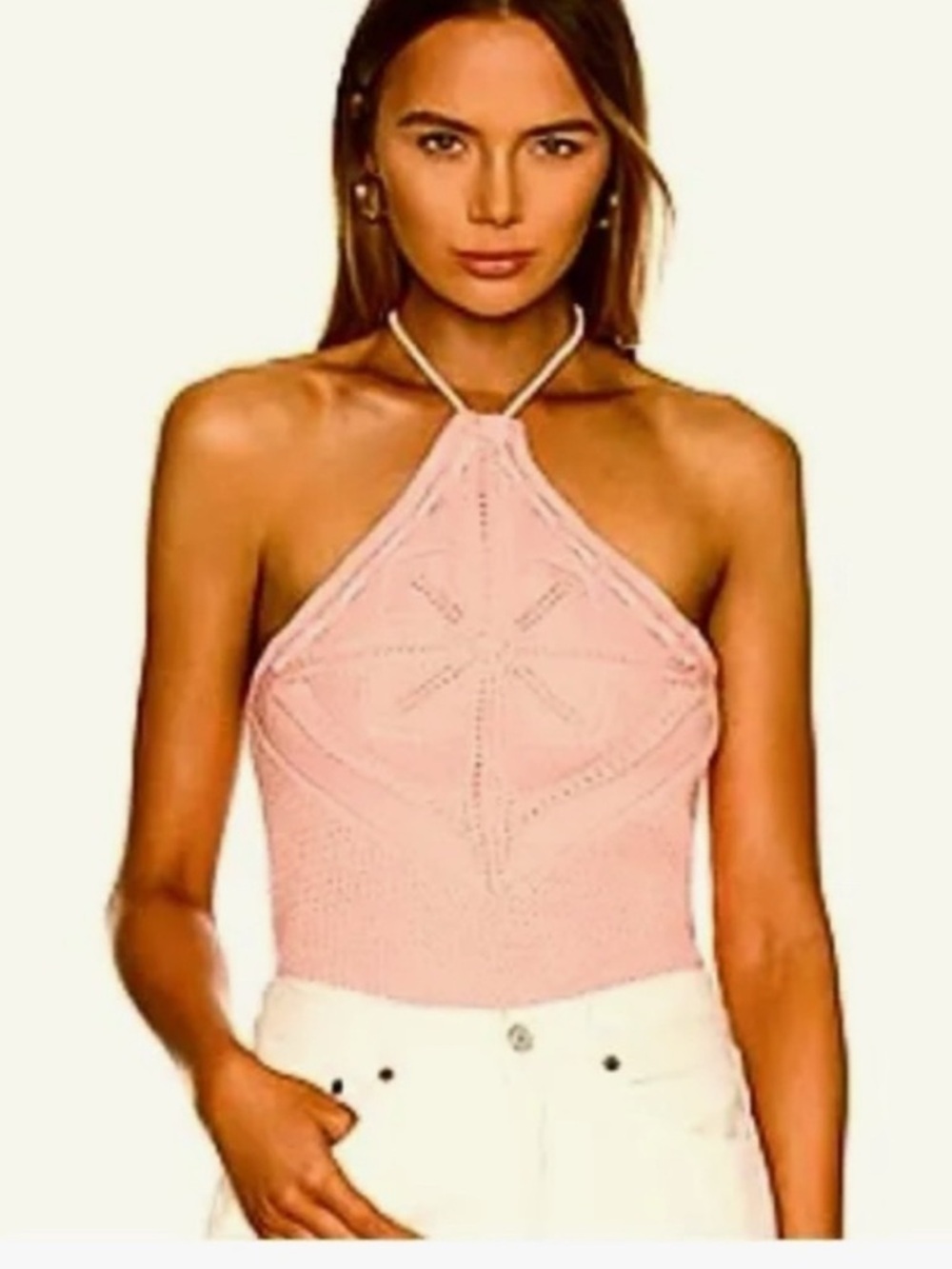 525 Halter Knit Top in Light Pink!! Crochet! Color is stunning!! M